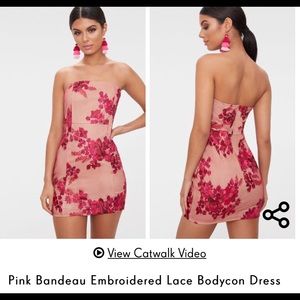 Pink Bandeau Embroidered Lace Bodycon Dress